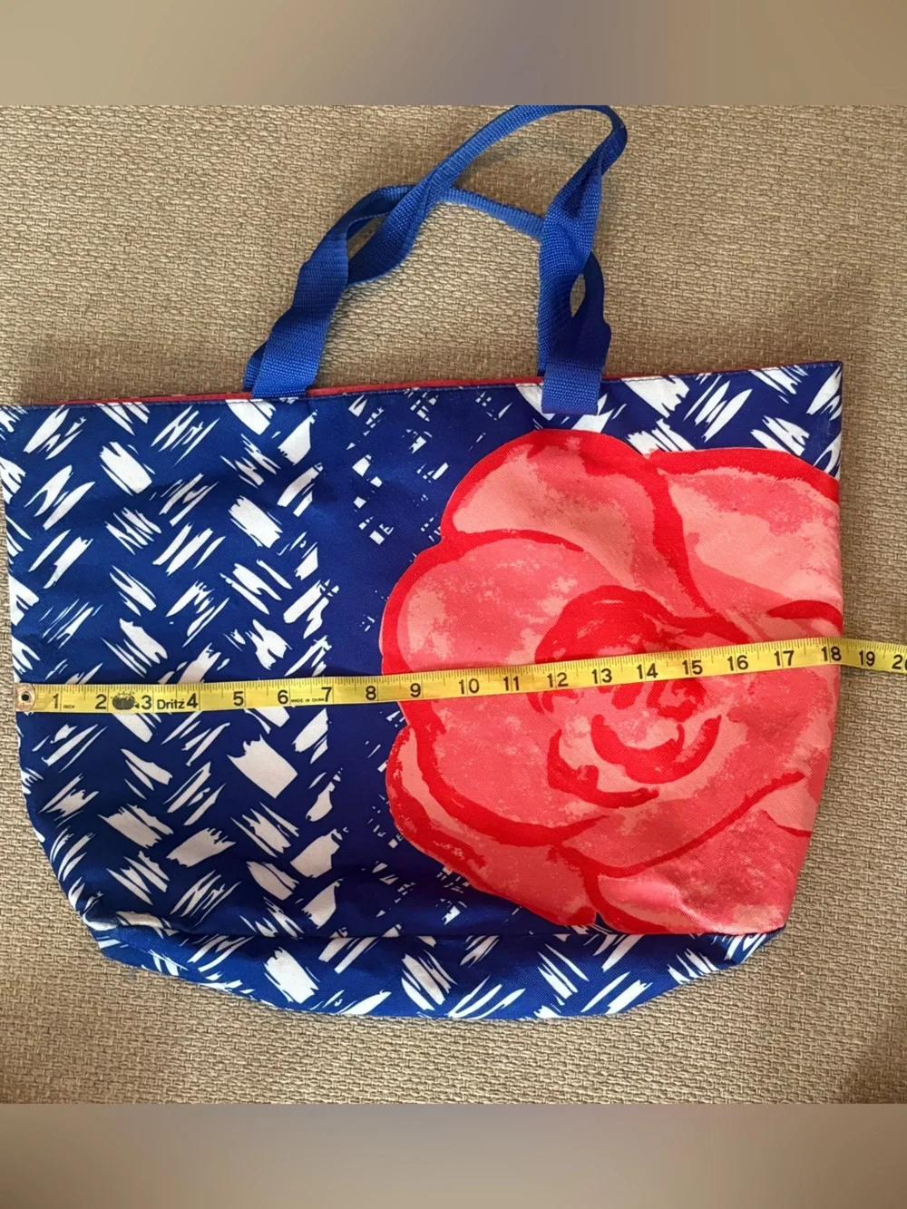 Lancôme Paris Canvas Tote Bag – Blue & White Abstract with Coral Rose Graphic